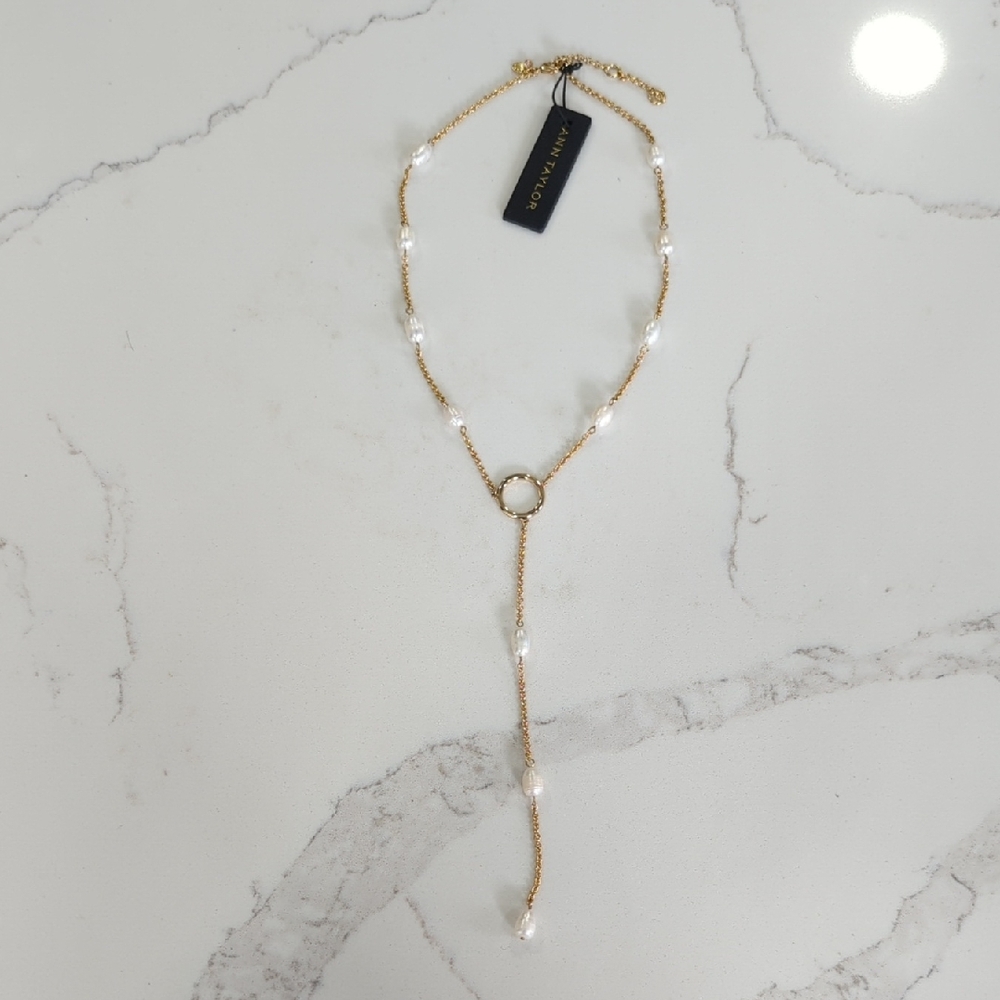 Ann Taylor Gold and Pearl Lariat Necklace